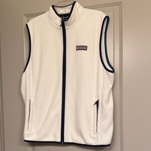 Mens Vineyard Vines Cream Fleece Vest with navy Trim